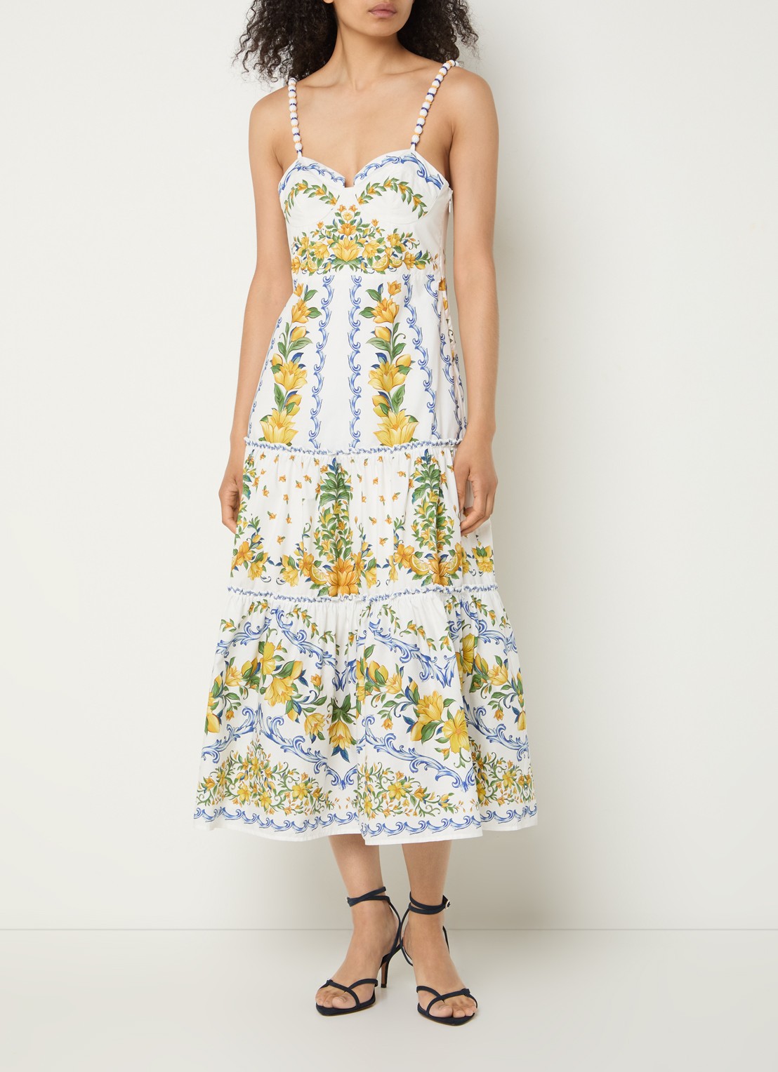 Farm Rio Sicily gelaagde midi jurk met bloemenprint - voorkant 3 gebroken wit