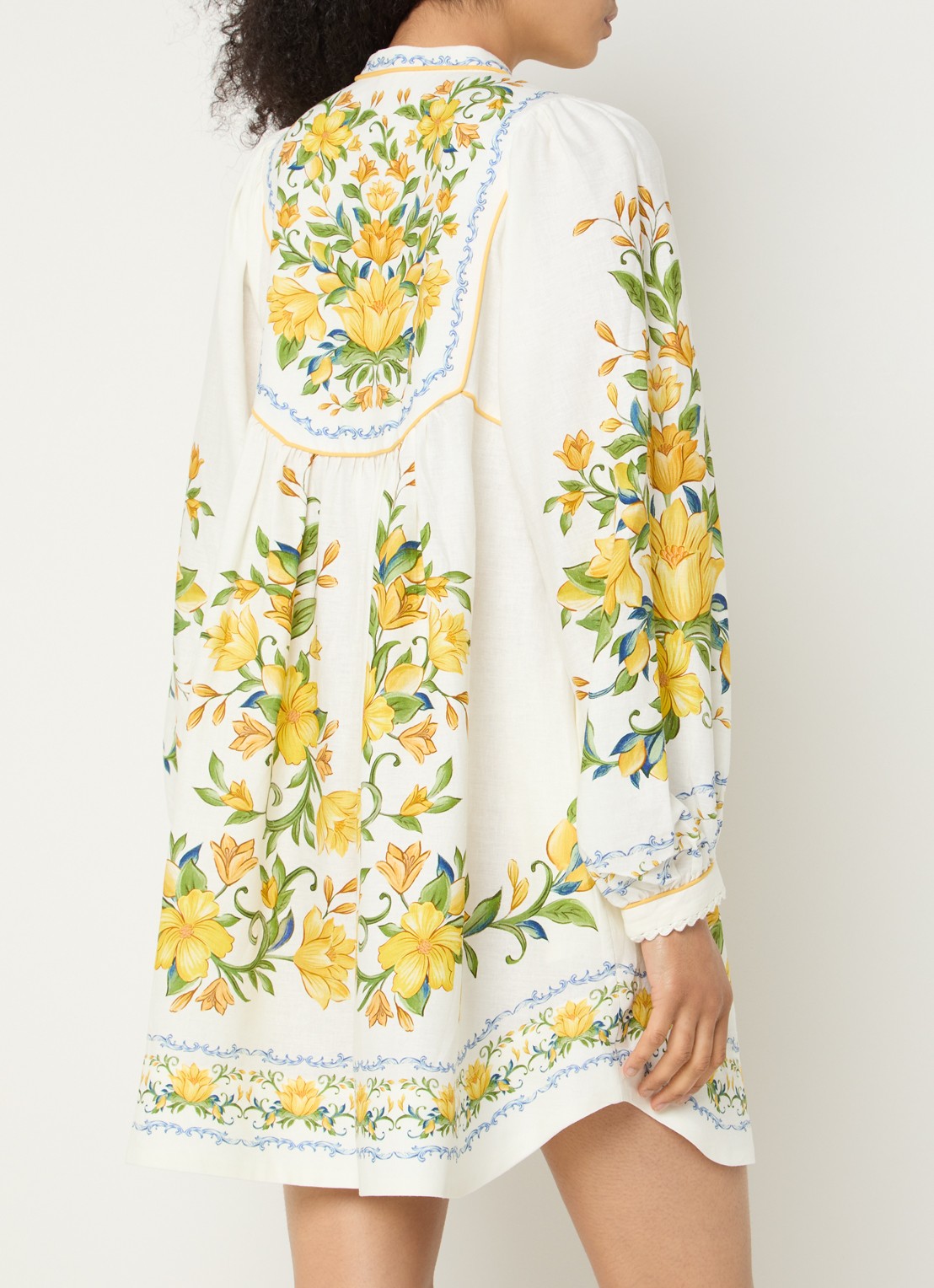 Farm Rio Sicily mini tuniekjurk in linnenblend met bloemenprint - achterkant gebroken wit