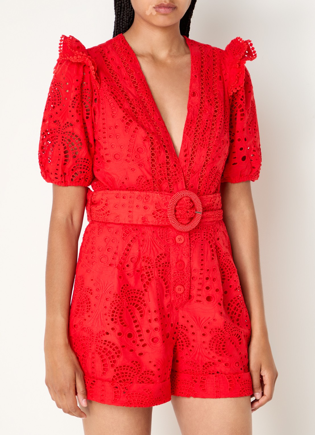Farm Rio Straight fit playsuit met broderie en ceintuur - detail 2 rood
