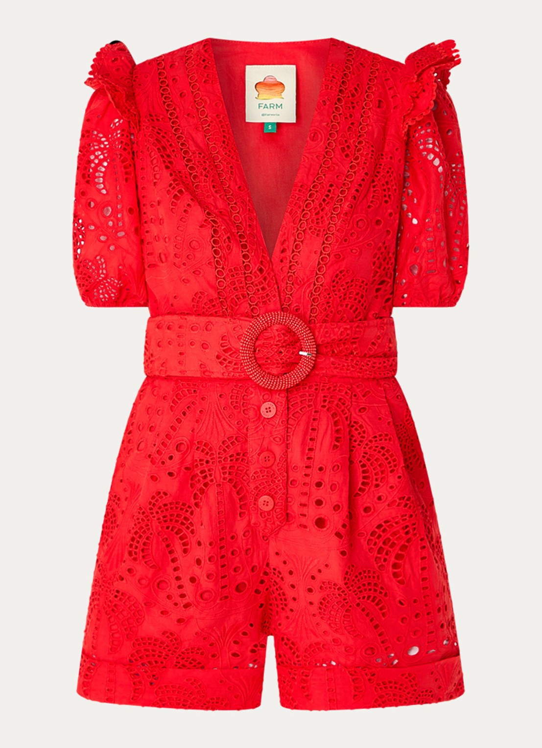 Farm Rio Straight fit playsuit met broderie en ceintuur - voorkant 3 rood
