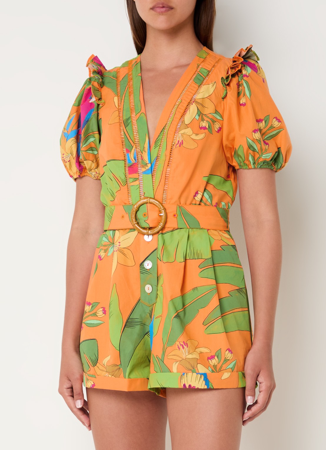Farm Rio Straight fit playsuit met strikceintuur en opengewerkt detail - detail orange