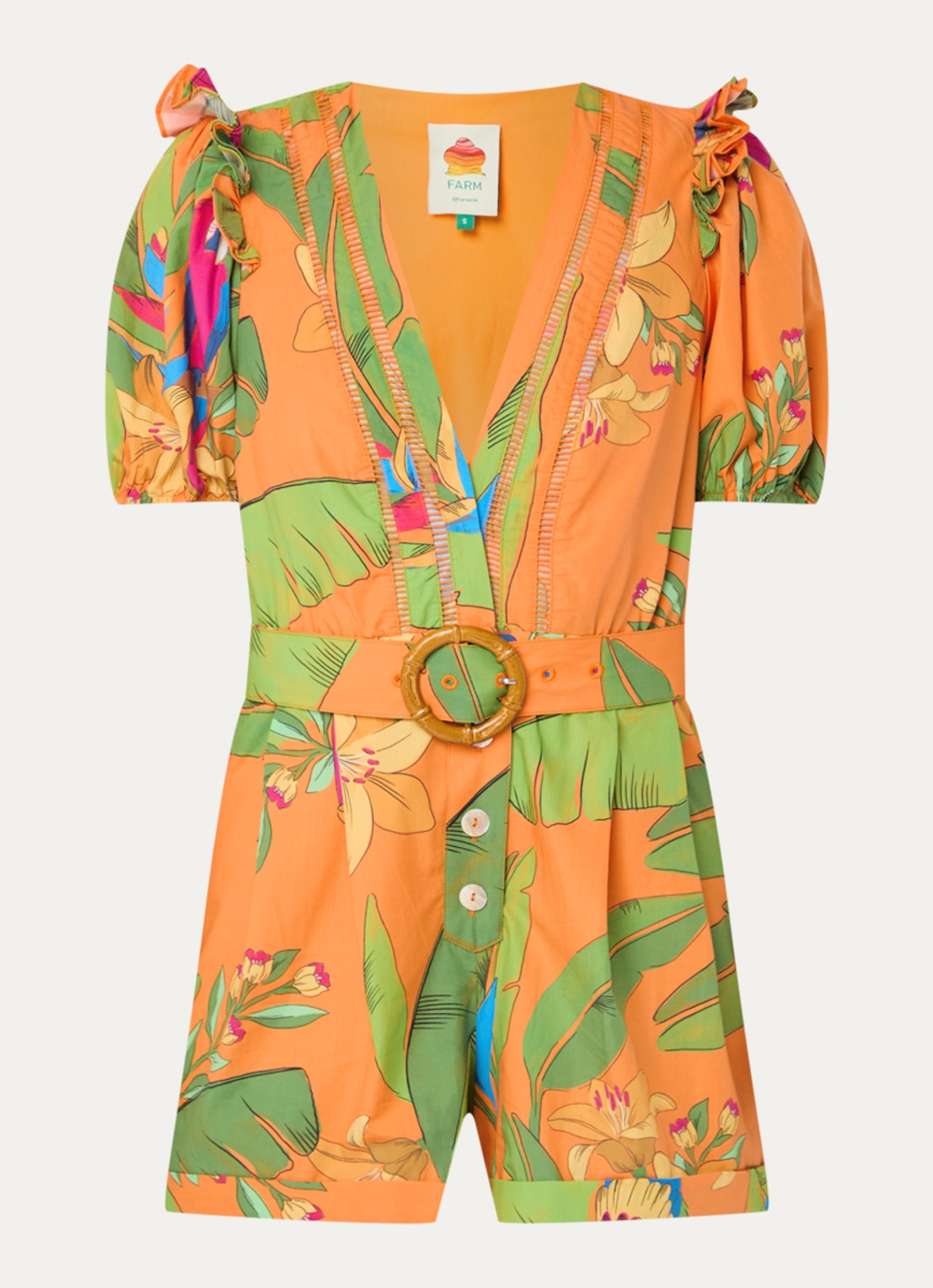 Farm Rio Straight fit playsuit met strikceintuur en opengewerkt detail - voorkant 4 orange