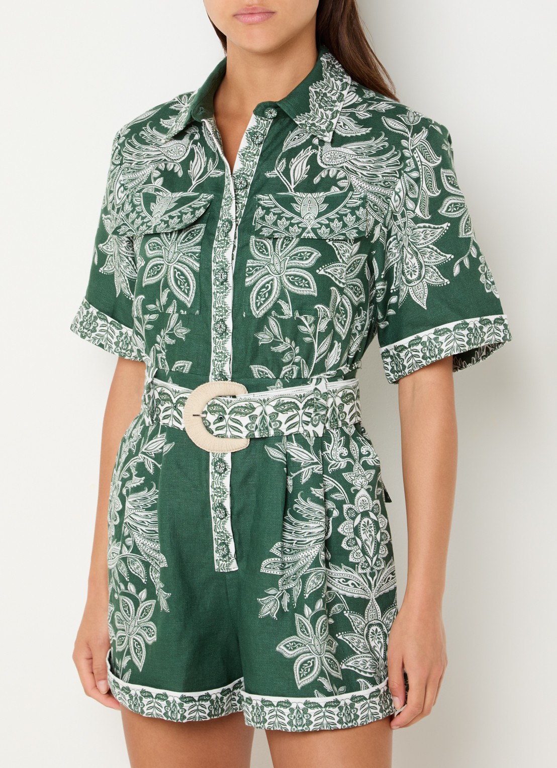 Farm Rio Straight fit playsuit van linnen met paisley dessin - detail 3 groen