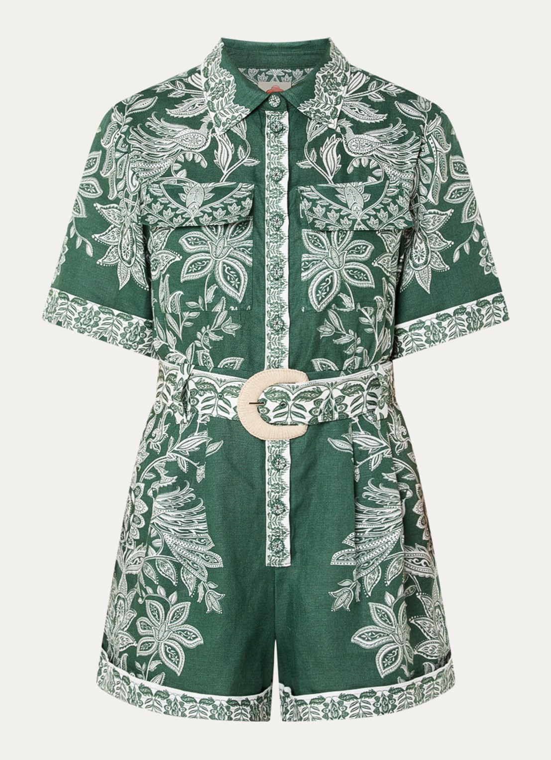 Farm Rio Straight fit playsuit van linnen met paisley dessin - voorkant groen