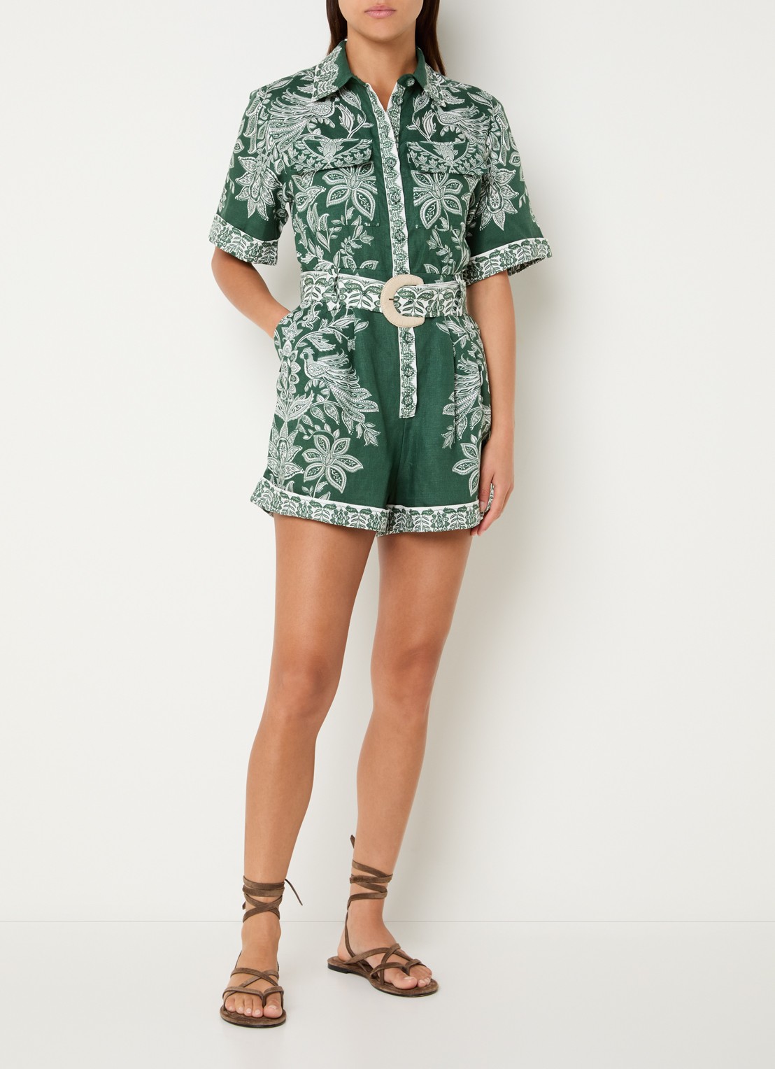Farm Rio Straight fit playsuit van linnen met paisley dessin - voorkant 2 groen