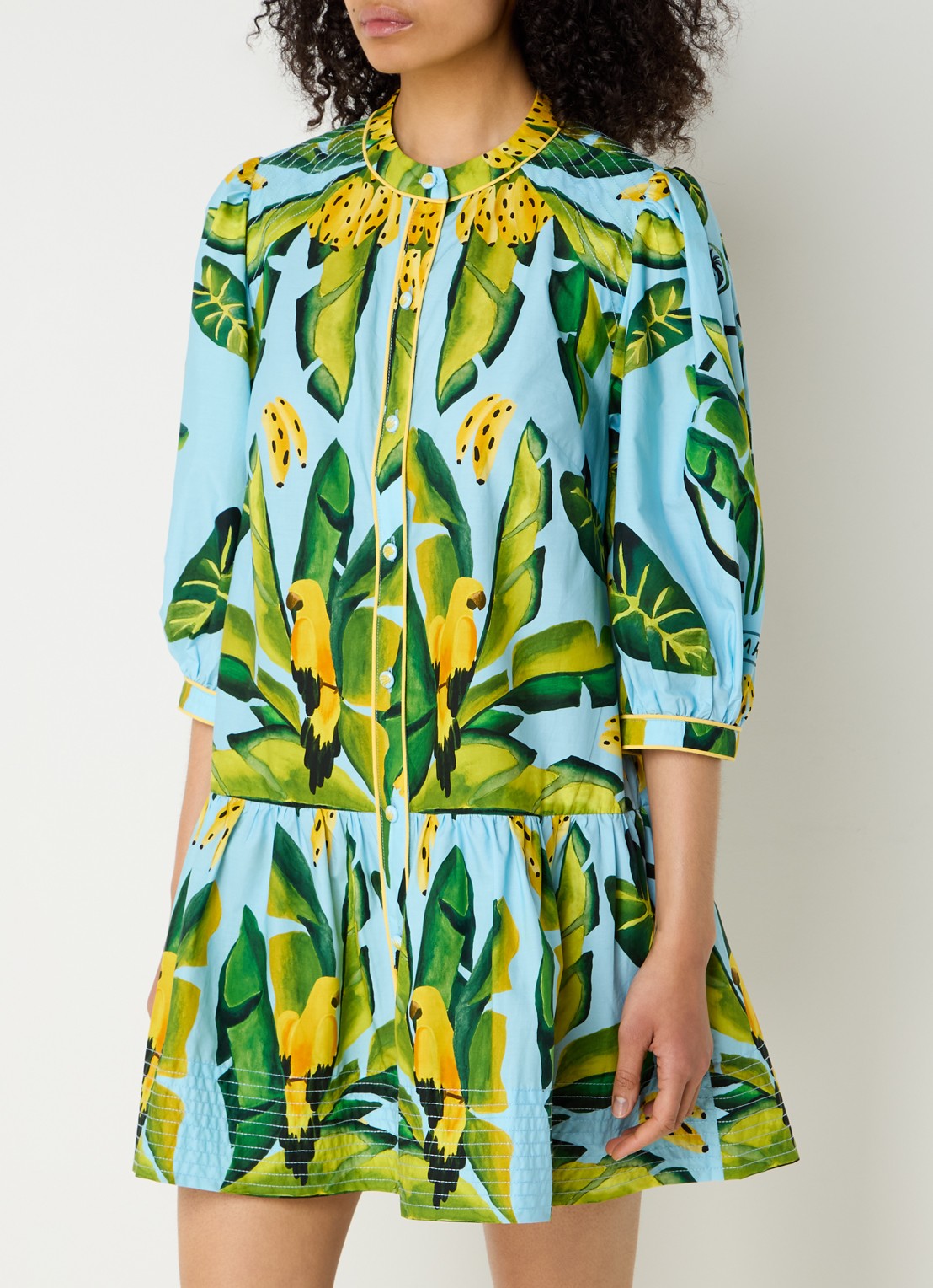 Farm Rio Summer Foliage mini blousejurk met bloemenprint - detail 3 lichtblauw