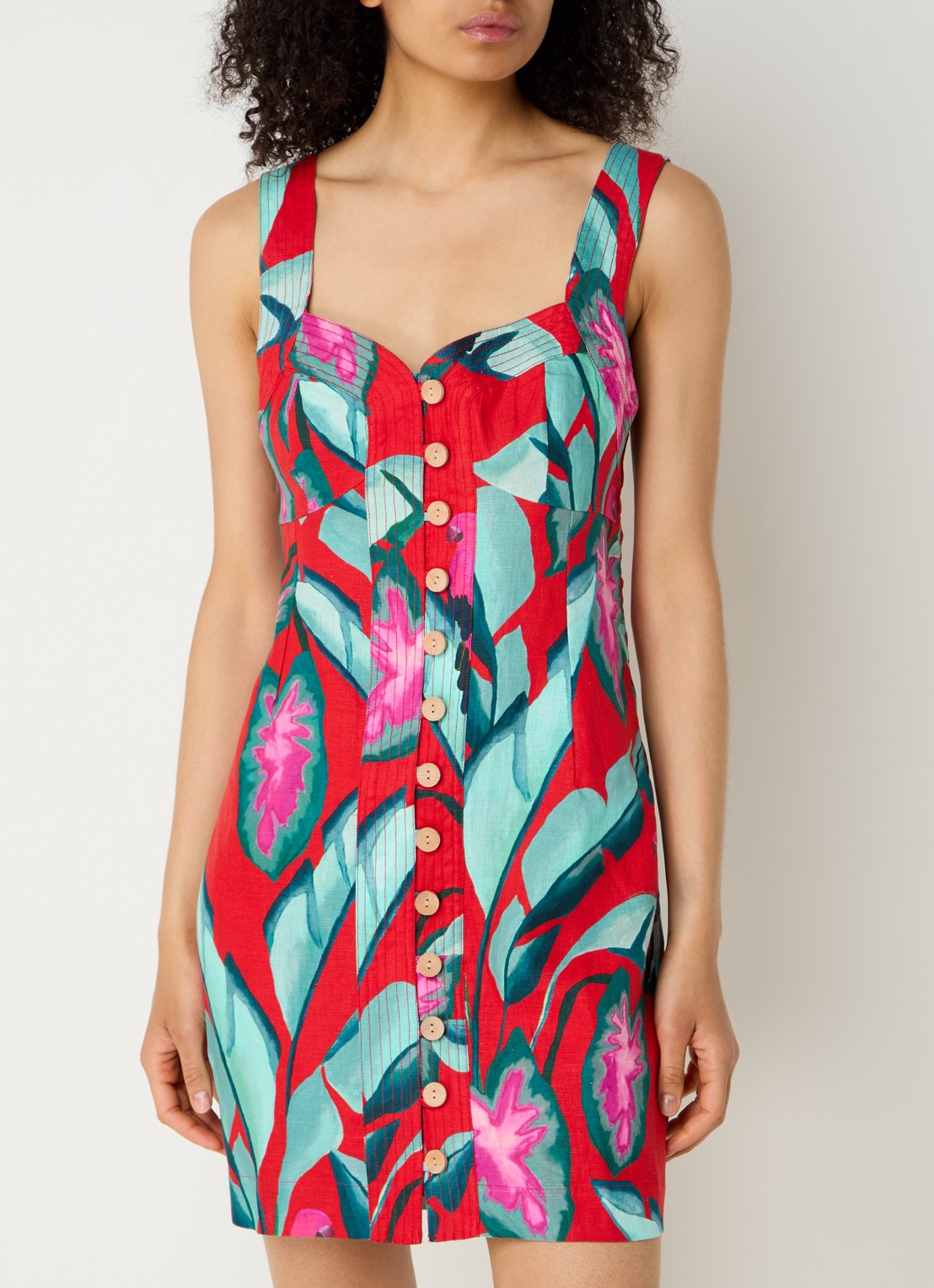 Farm Rio Summer Foliage mini jurk van linnen met bloemenprint - detail rood