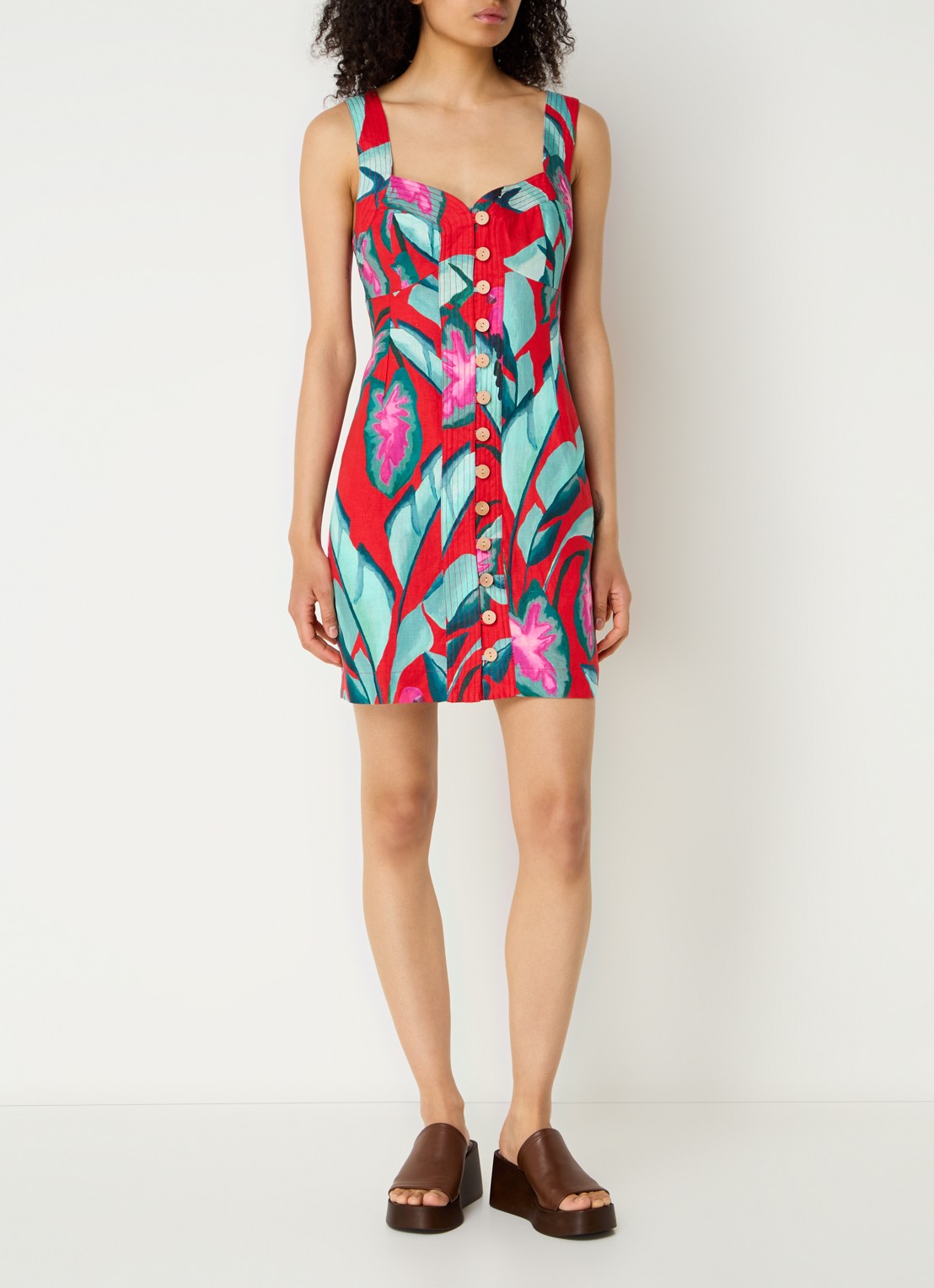 Farm Rio Summer Foliage mini jurk van linnen met bloemenprint - voorkant 4 rood