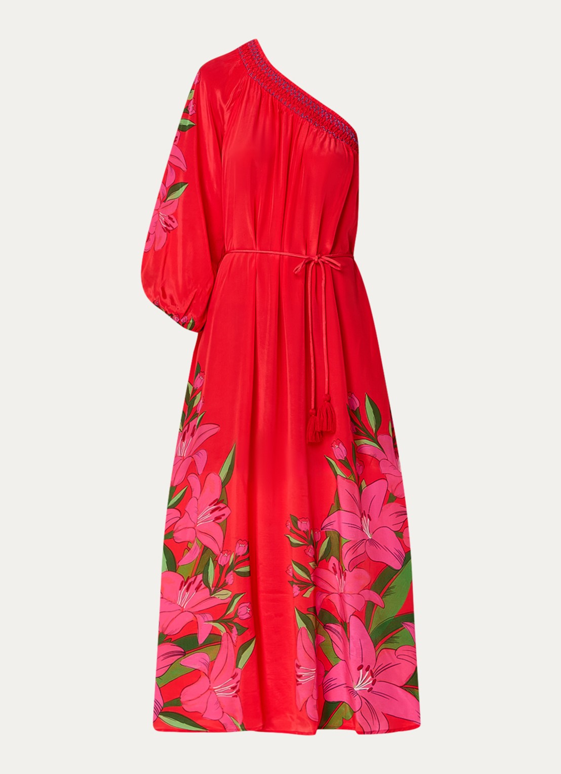 Farm Rio Summer maxi one shoulder jurk met bloemenprint - voorkant 2 koraalrood