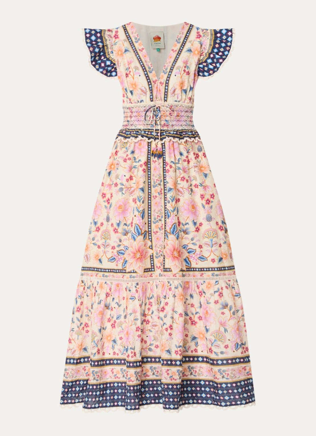 Farm Rio Superbloom midi jurk met bloemenprint en smockwerk - voorkant roze