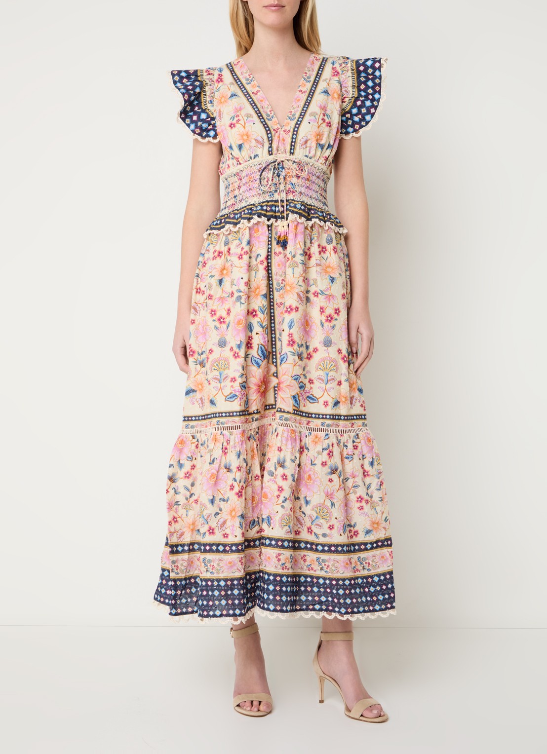 Farm Rio Superbloom midi jurk met bloemenprint en smockwerk - voorkant 2 roze