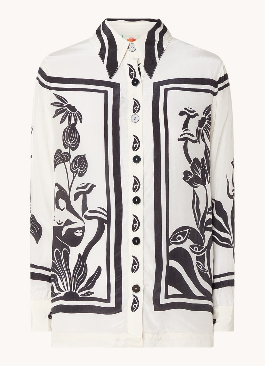 Farm Rio Surreal Garden blouse van satijn met print - voorkant 3 gebroken wit
