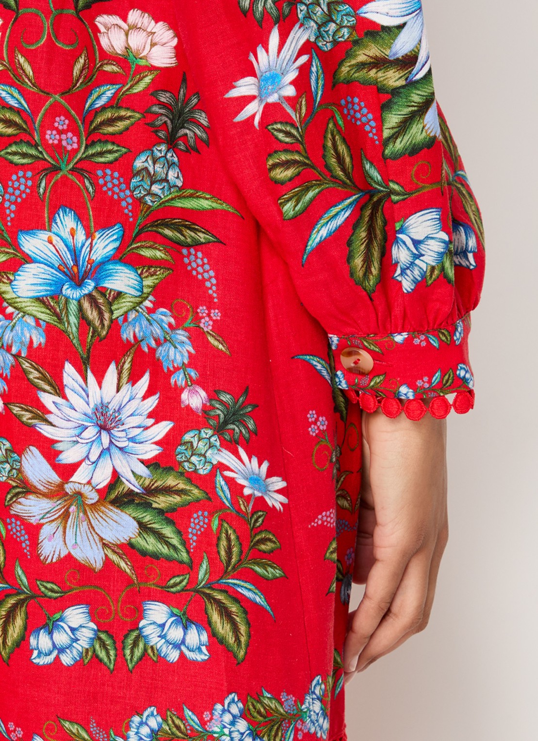 Farm Rio Sweet Bloom maxi tuniekjurk in linnenblend met bloemenprint - detail 3 rood