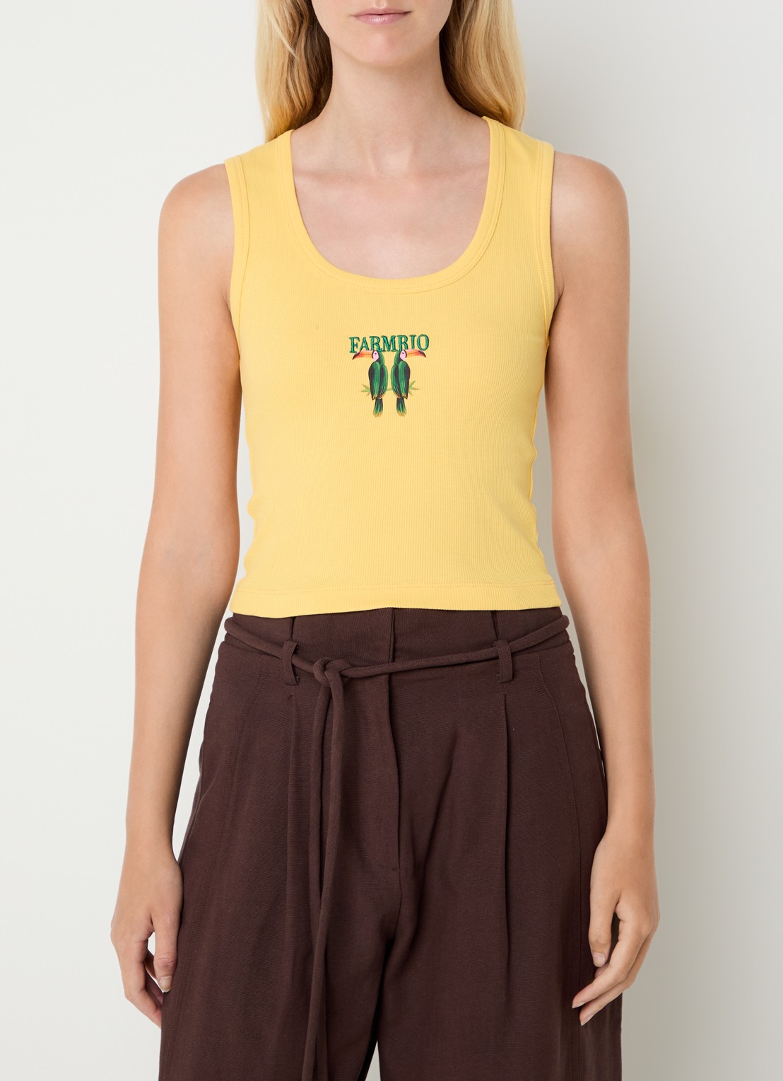 Farm Rio Toucan cropped tanktop met print en logoborduring - detail 4 geel