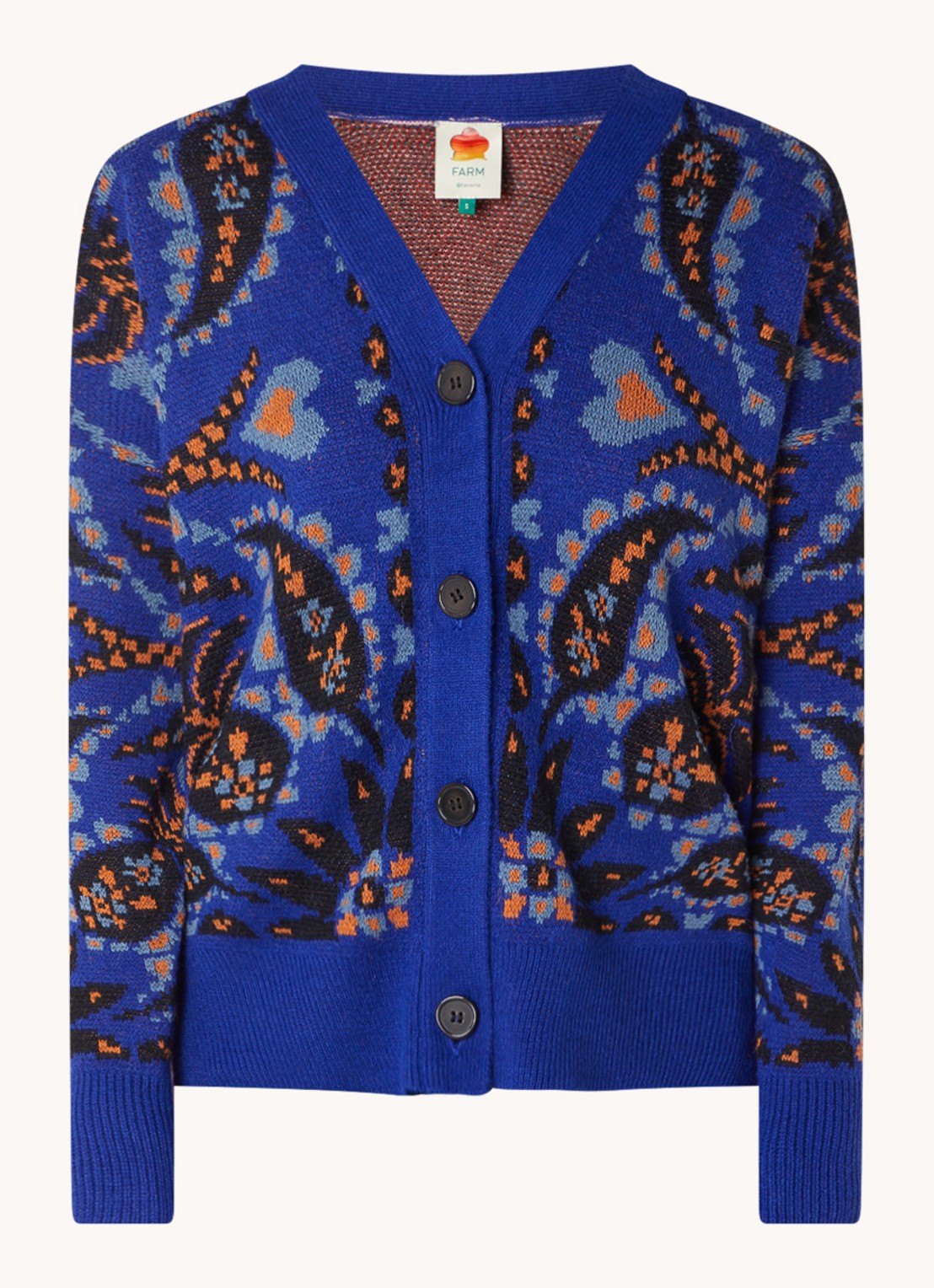 Farm Rio Toucan fijngebreid vest met bloemenprint in wolblend - voorkant 2 blauw