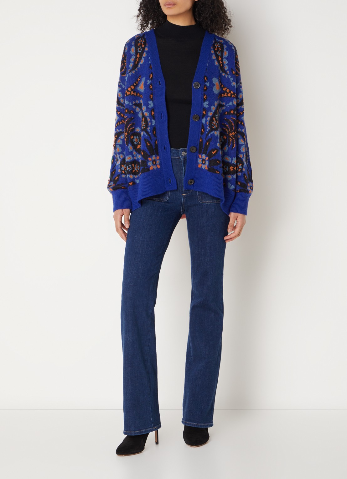 Farm Rio Toucan fijngebreid vest met bloemenprint in wolblend - voorkant 3 blauw
