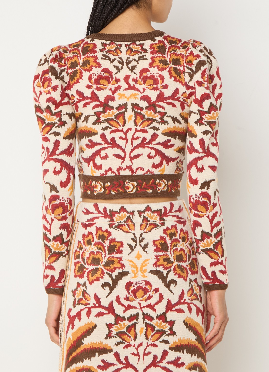 Farm Rio Toucans fijngebreide crop top met bloemenprint - achterkant donkerrood