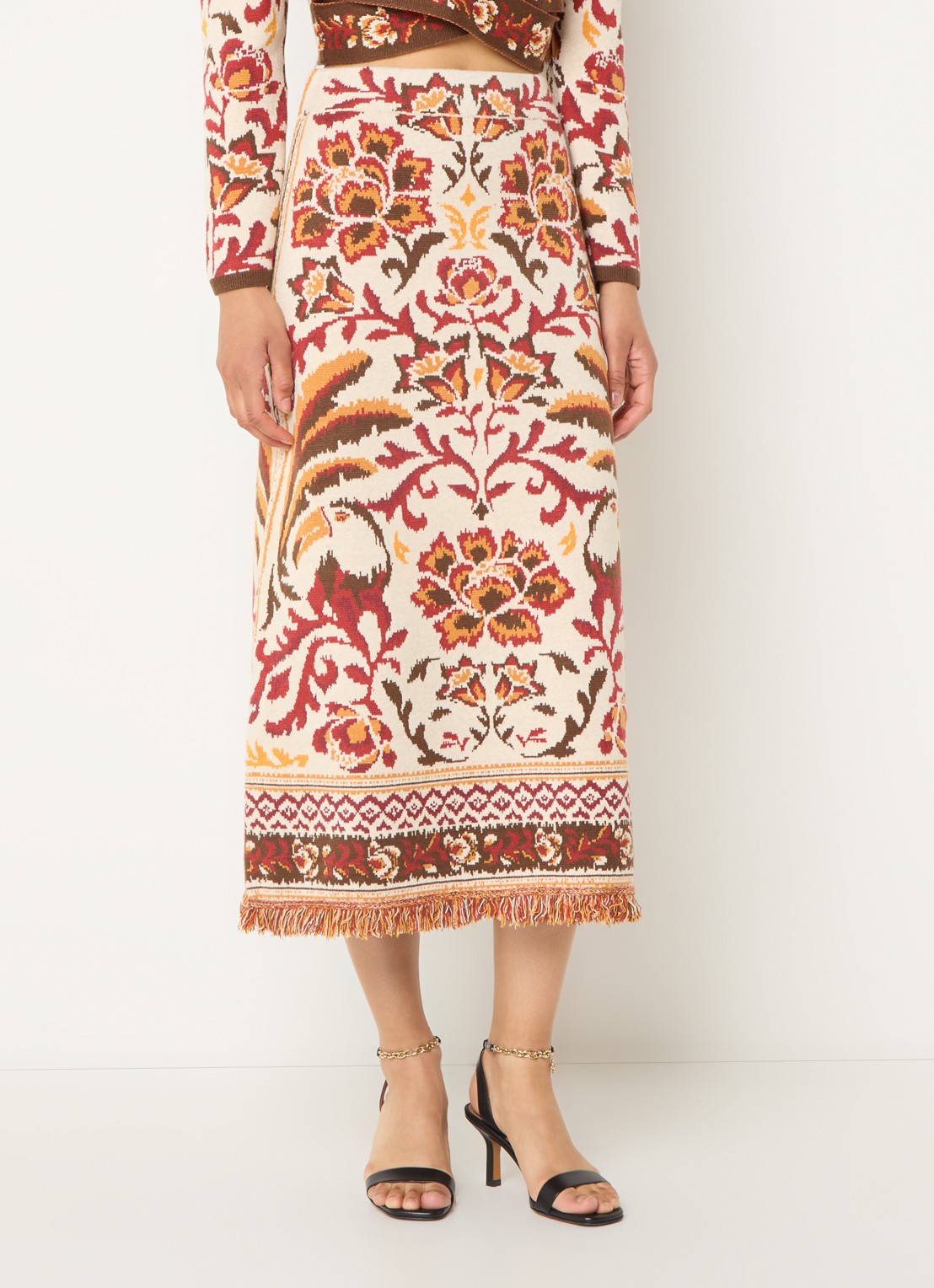 Farm Rio Toucans fijngebreide midi rok met bloemenprint en franjes - detail 2 gebroken wit