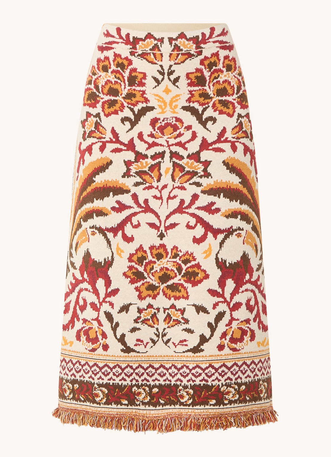 Farm Rio Toucans fijngebreide midi rok met bloemenprint en franjes - voorkant 3 gebroken wit