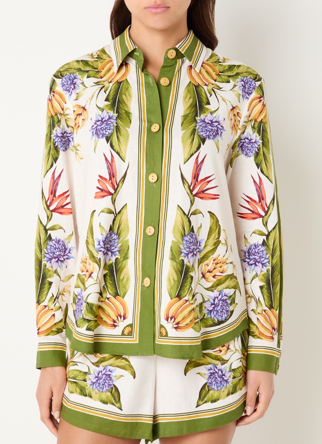Farm Rio Tropical blouse in linnenblend met print - detail 4 mosgroen