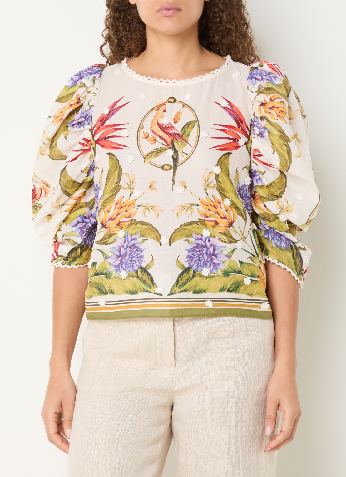 Farm Rio Tropical blouse met ballonmouw - detail creme