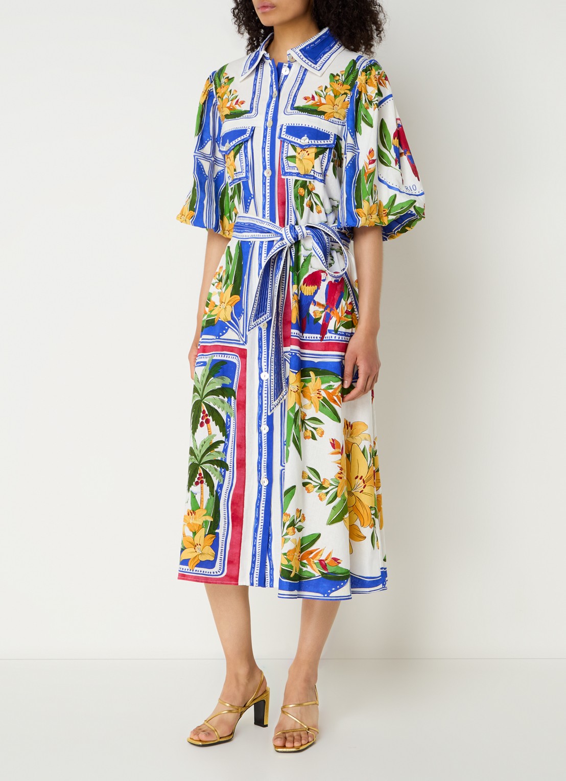 Farm Rio Tropical Destination midi blousejurk in linnenblend met bloemenprint - detail 4 gebroken wit
