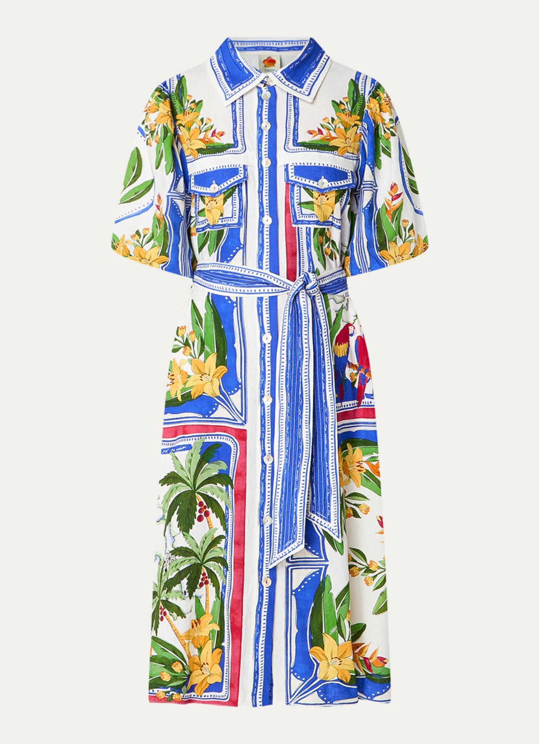 Farm Rio Tropical Destination midi blousejurk in linnenblend met bloemenprint - voorkant 2 gebroken wit