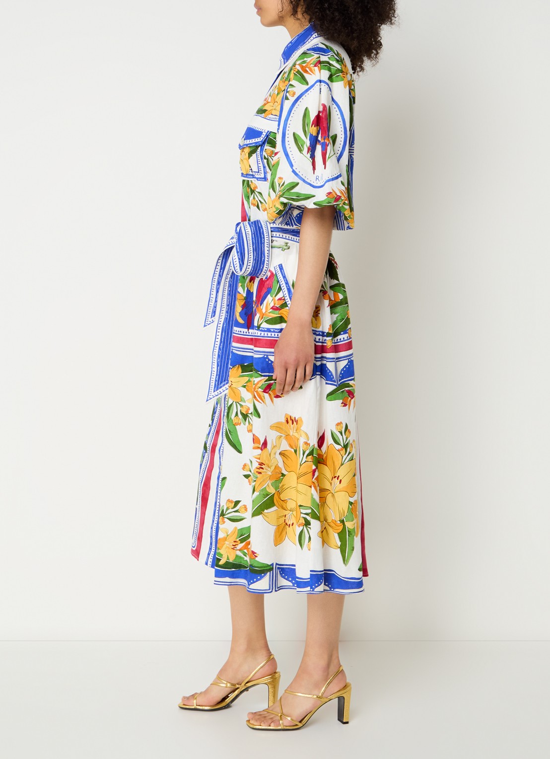 Farm Rio Tropical Destination midi blousejurk in linnenblend met bloemenprint - voorkant 3 gebroken wit