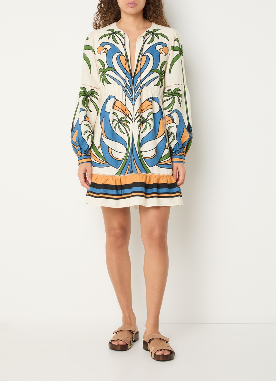 Farm Rio Tropical mini tuniekjurk met print - voorkant 2 gebroken wit