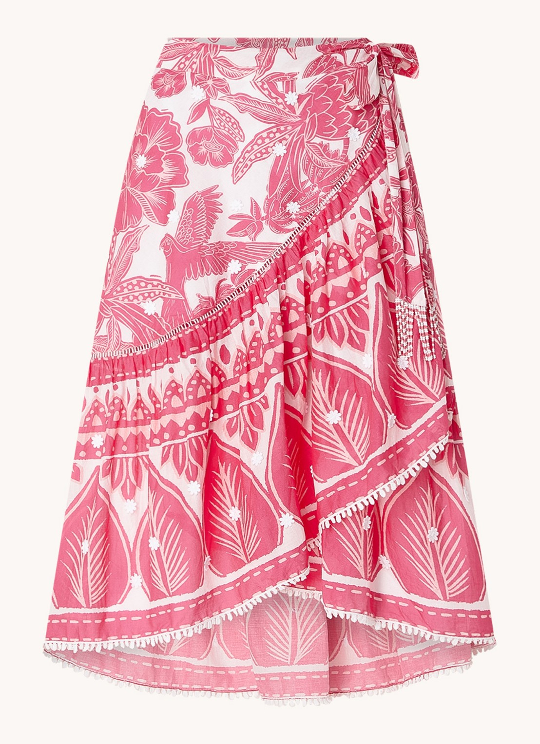 FARM Rio Tropical Woodcut midi wikkelrok met borduring en print - voorkant 3 donkerroze