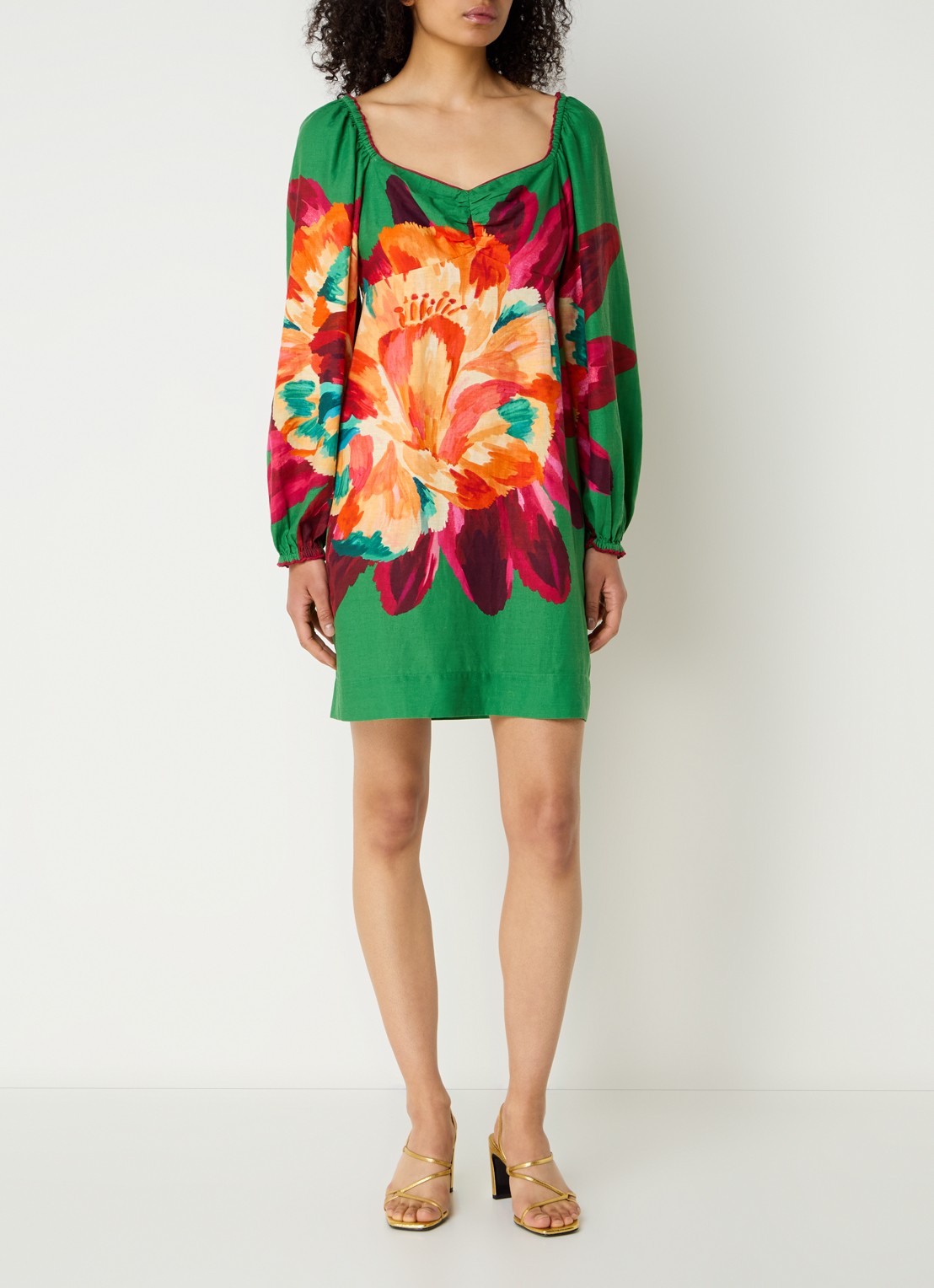 Farm Rio Tropicart mini tuniekjurk in linnenblend met bloemenprint - voorkant 3 groen