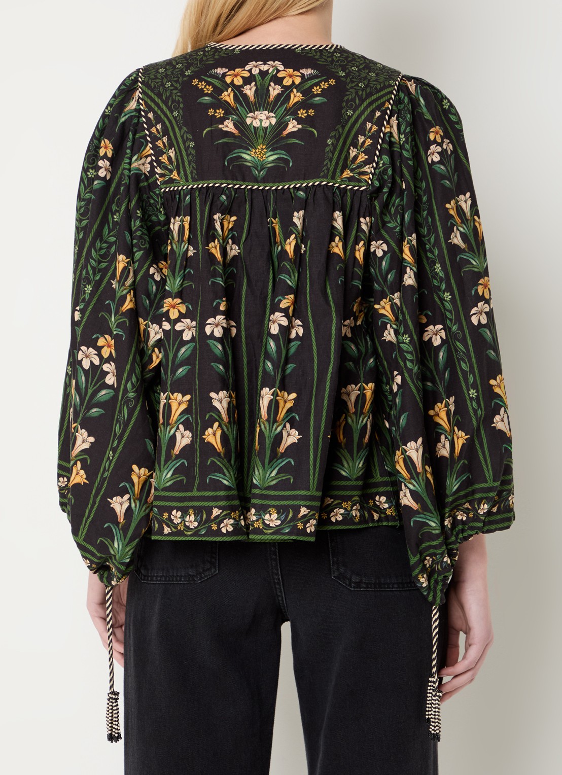 Farm Rio Tuniek in linnenblend met bloemenprint en ballonmouw - achterkant zwart