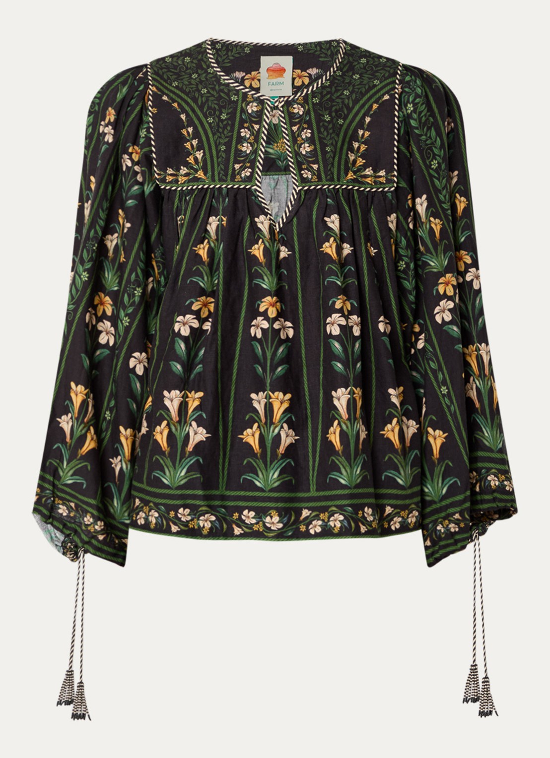 Farm Rio Tuniek in linnenblend met bloemenprint en ballonmouw - voorkant 2 zwart