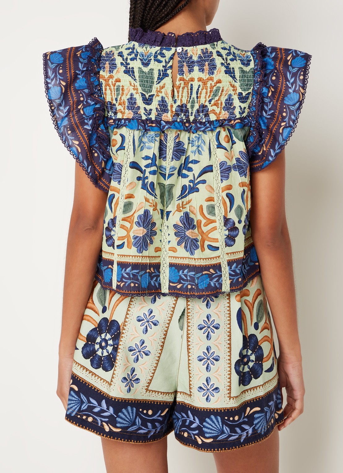Farm Rio Tuniek met bloemenprint en smockwerk - achterkant 5 donkerblauw