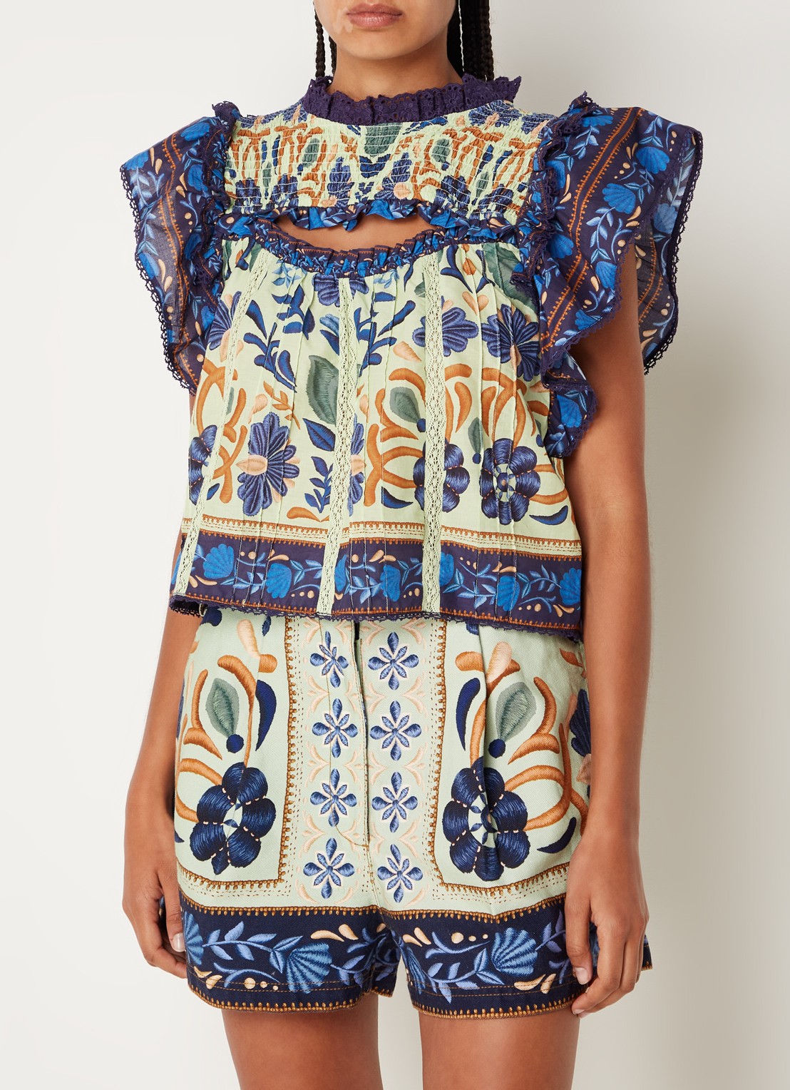 Farm Rio Tuniek met bloemenprint en smockwerk - detail 3 donkerblauw
