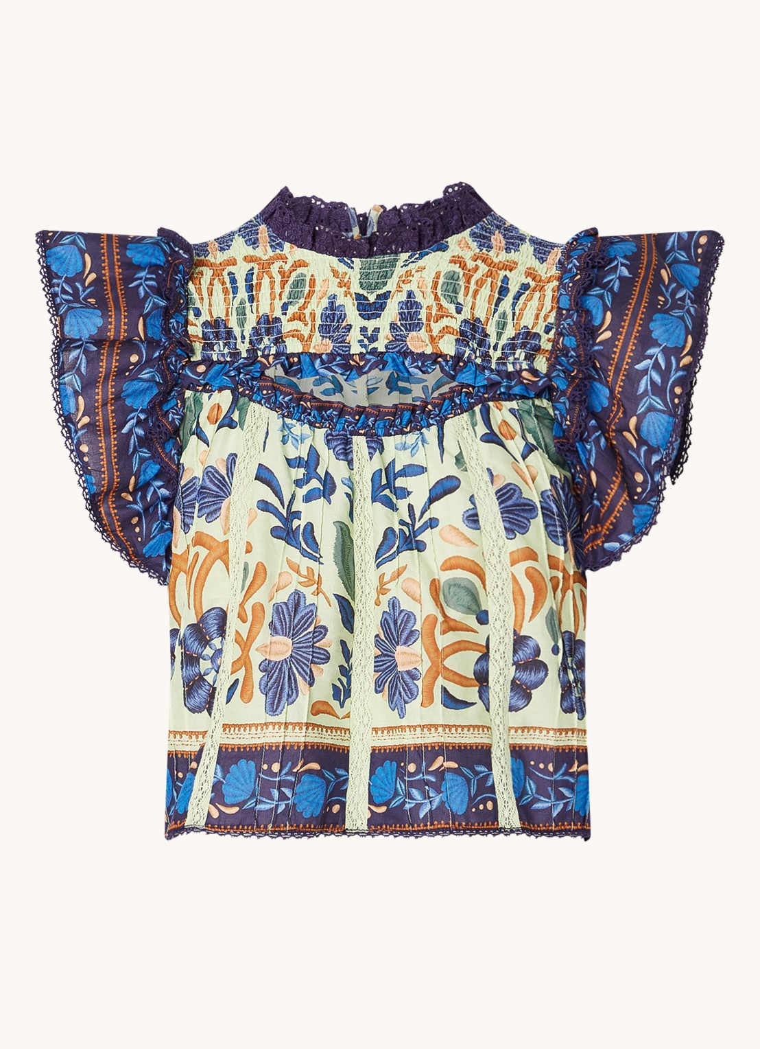 Farm Rio Tuniek met bloemenprint en smockwerk - voorkant donkerblauw