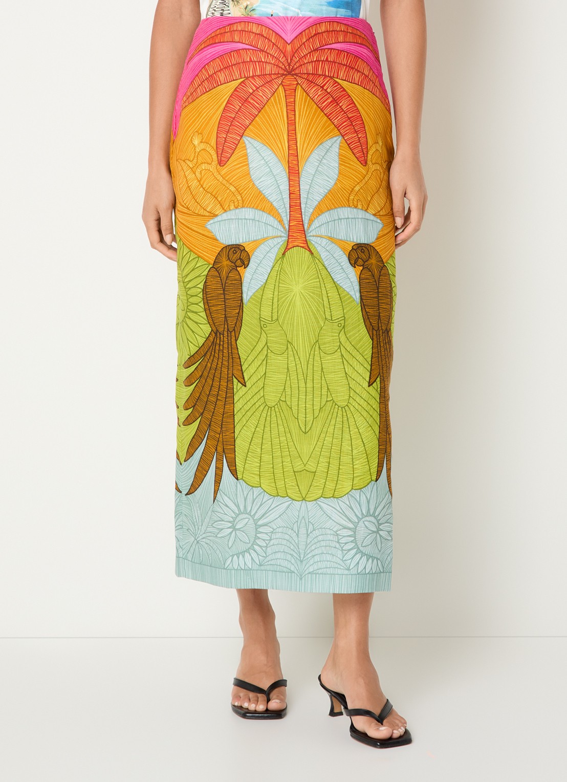 Farm Rio Usiacuri midi rok van linnen met print - detail orange