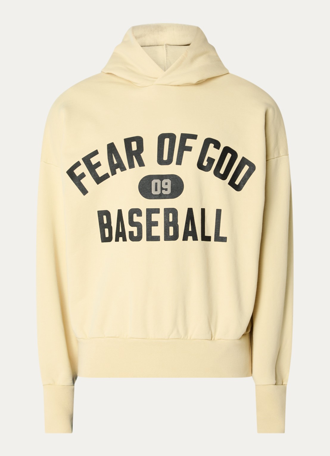 Fear of God 09 hoodie met front- en backprint - voorkant 5 lichtgeel