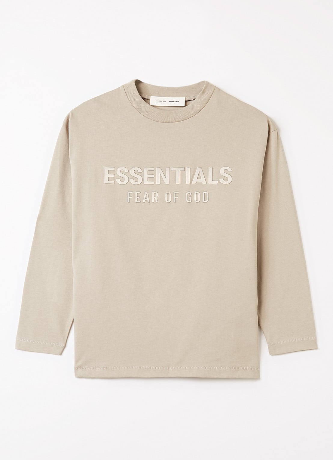 Fear of God Essentials Longsleeve met logoprint - voorkant khaki