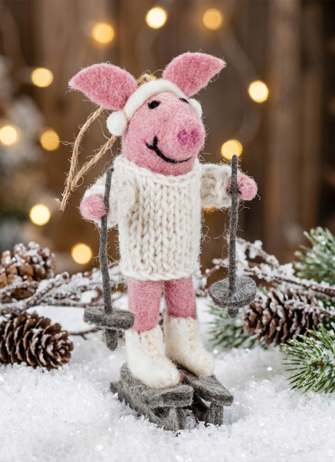 Felt So Good Alpine Swine kersthanger 16,5 cm - voorkant 3 wit