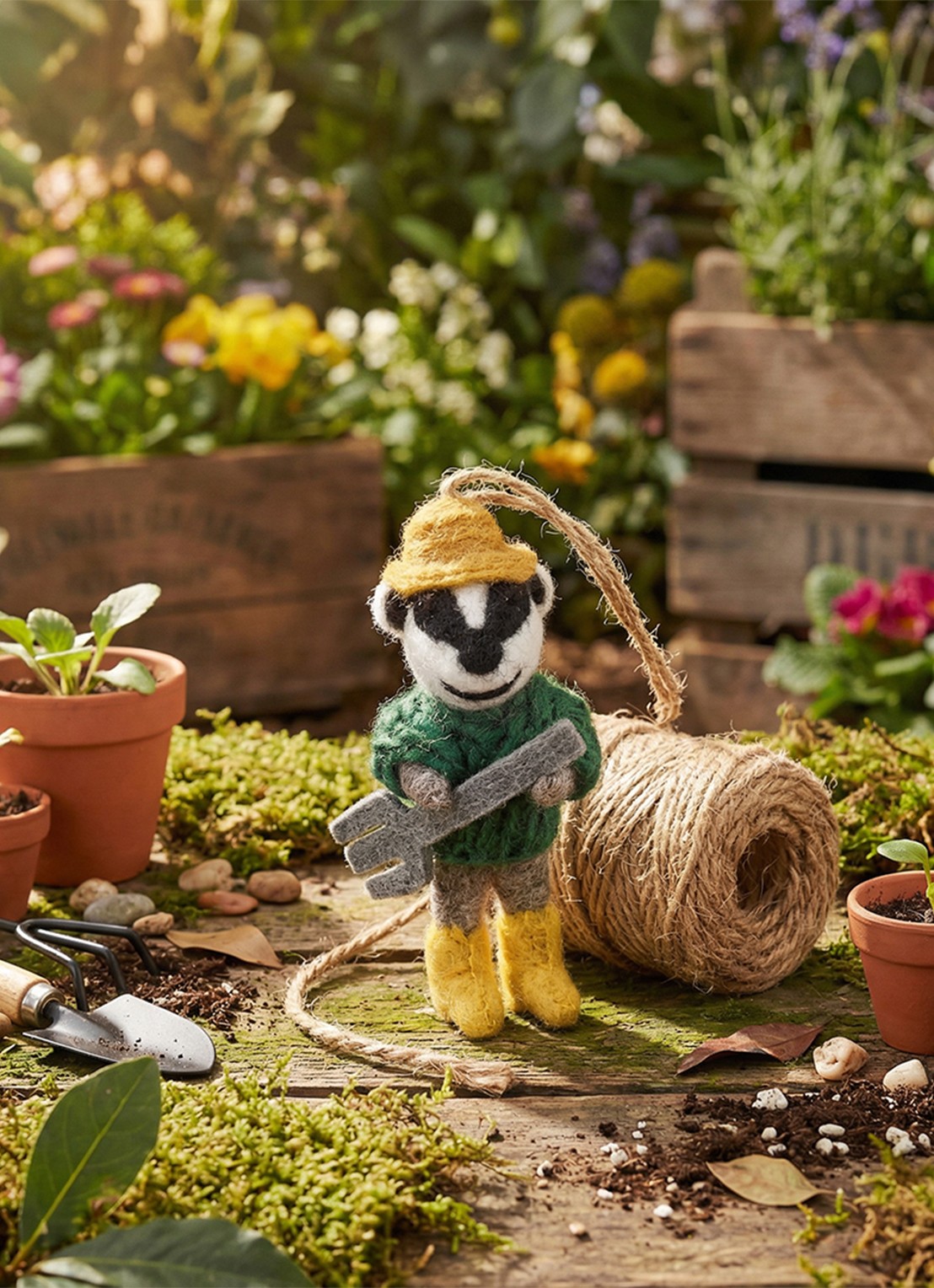 Felt So Good Boris the Gardening Badger kersthanger 12,5 cm - achterkant groen