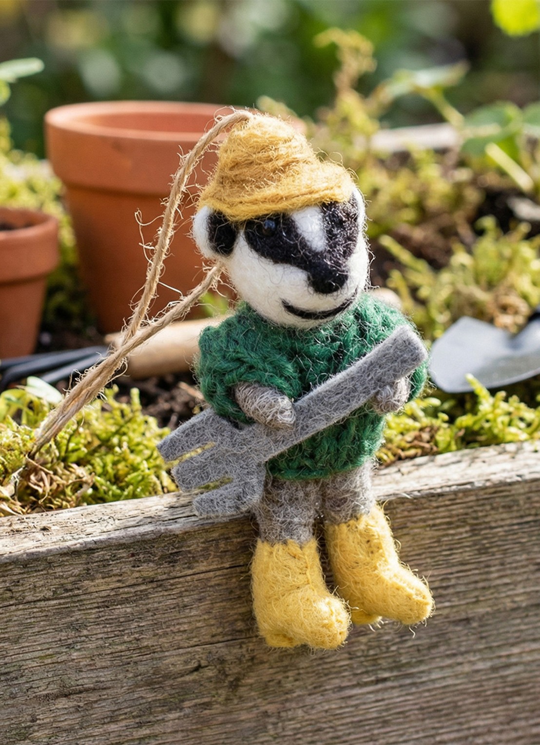 Felt So Good Boris the Gardening Badger kersthanger 12,5 cm - voorkant 3 groen
