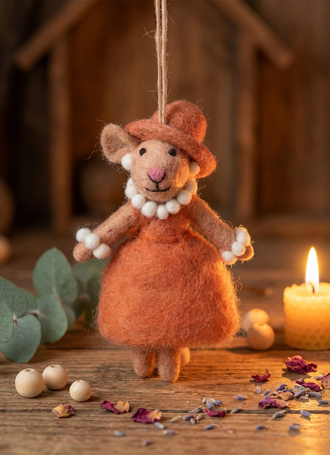 Felt So Good Evelyn the Mouse kersthanger 12 cm - achterkant orange