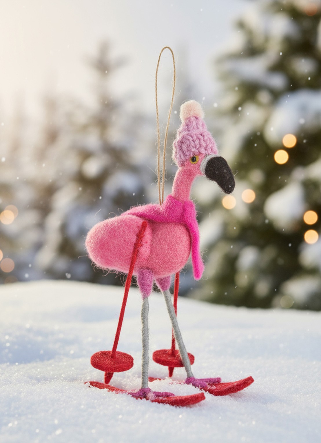 Felt So Good Skiing Flamingo kersthanger 16 cm - achterkant 3 roze