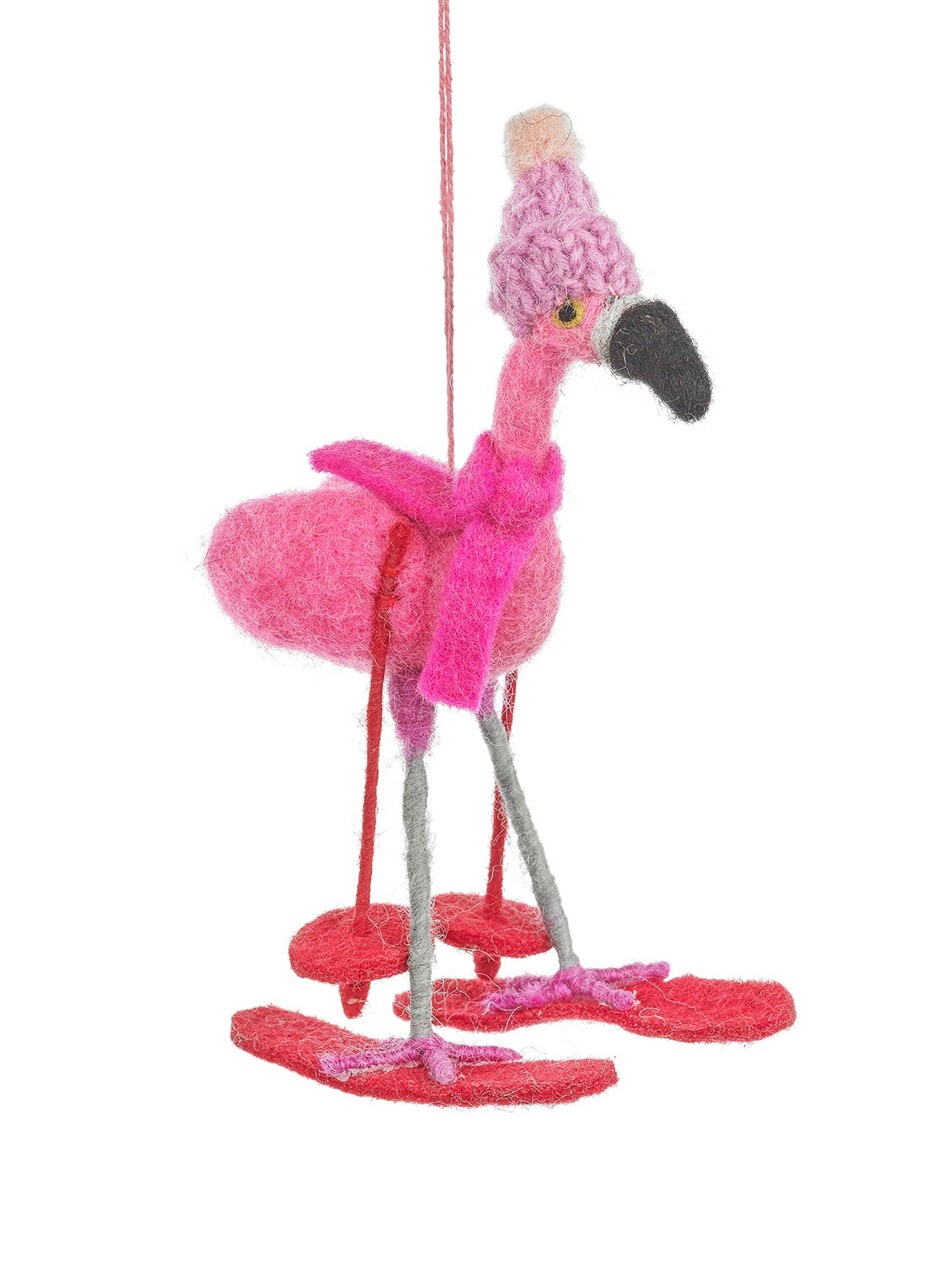 Felt So Good Skiing Flamingo kersthanger 16 cm - voorkant roze