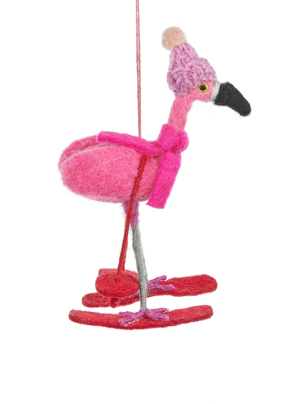 Felt So Good Skiing Flamingo kersthanger 16 cm - voorkant 2 roze