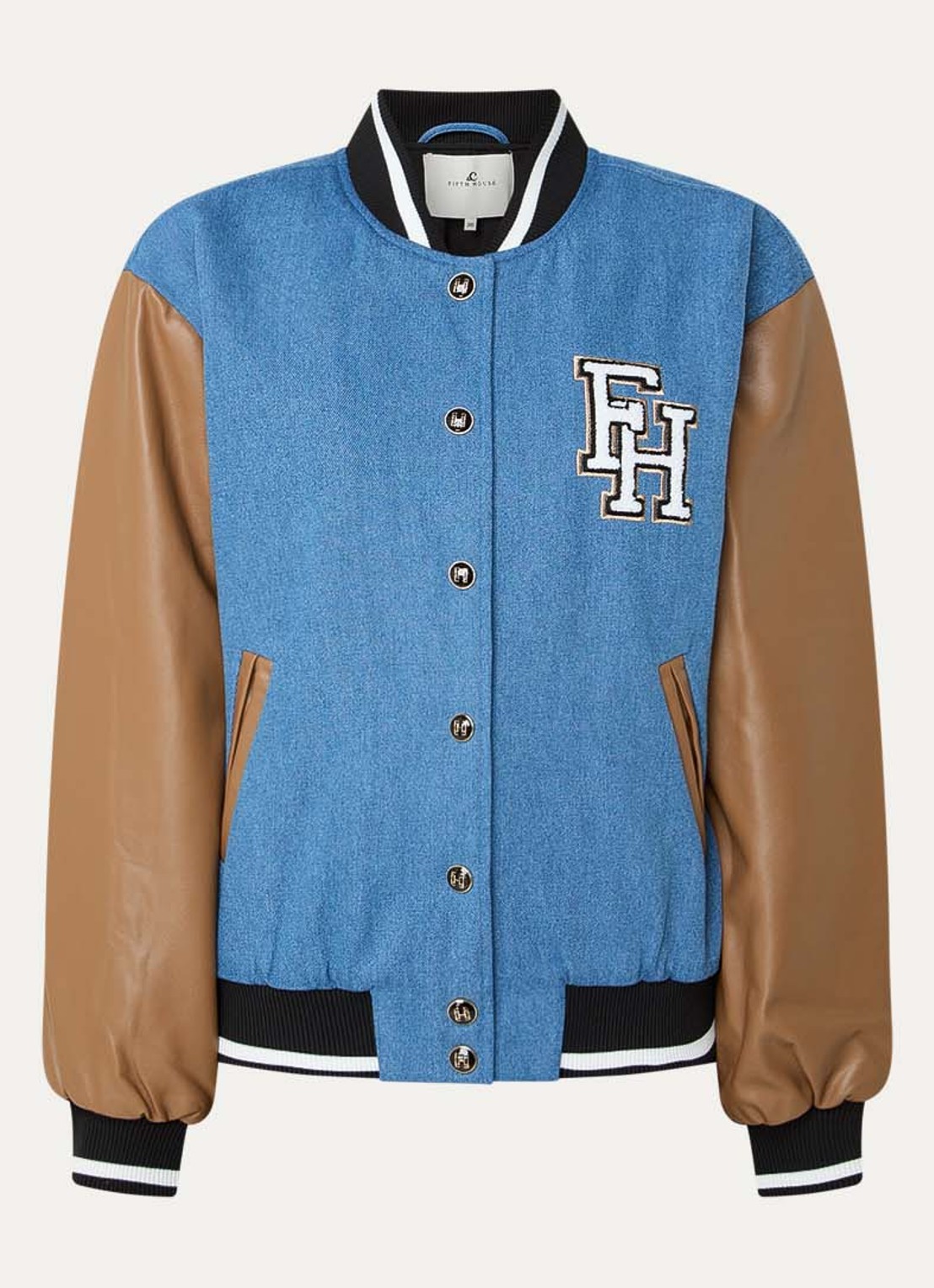 Fifth House Listy bomberjack van chambray met borduring en backprint - voorkant donkerblauw