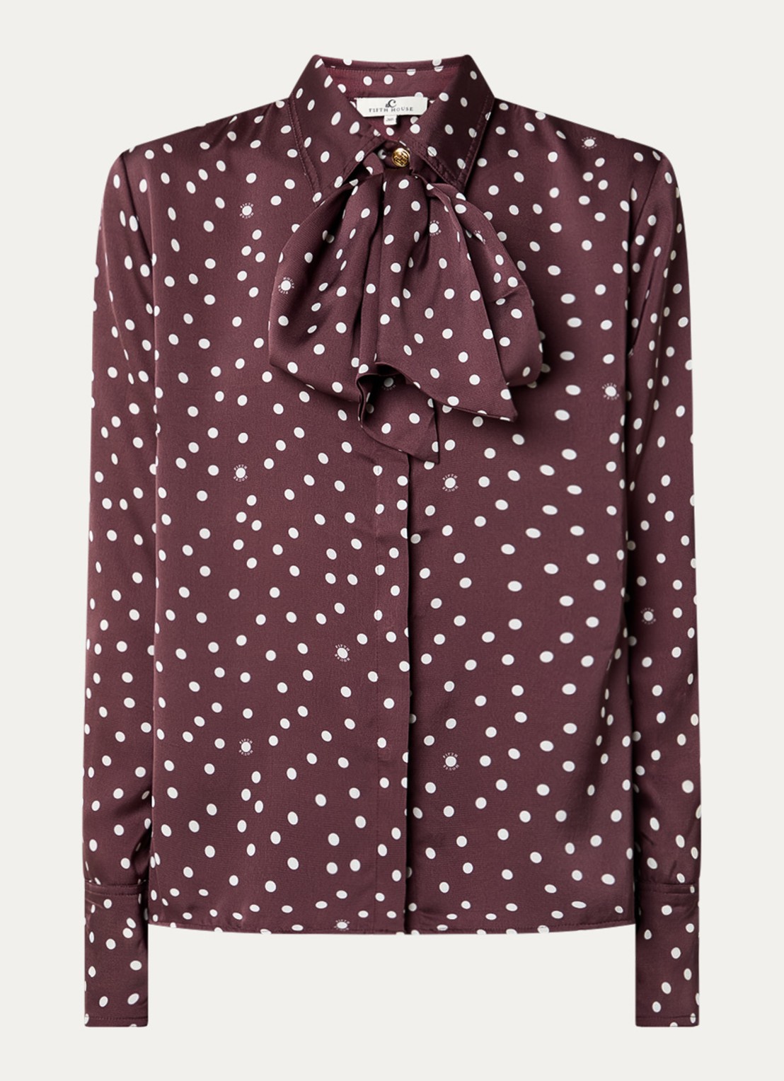 Fifth House Loesy blouse van satijn met stippenprint en afneembare sjaalkraag - voorkant bordeauxrood