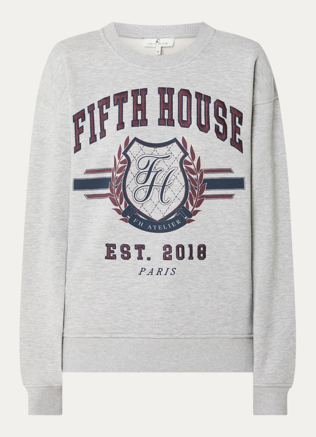 Fifth House Logan sweater met logoprint en gemêleerd dessin - voorkant 3 grijsmele