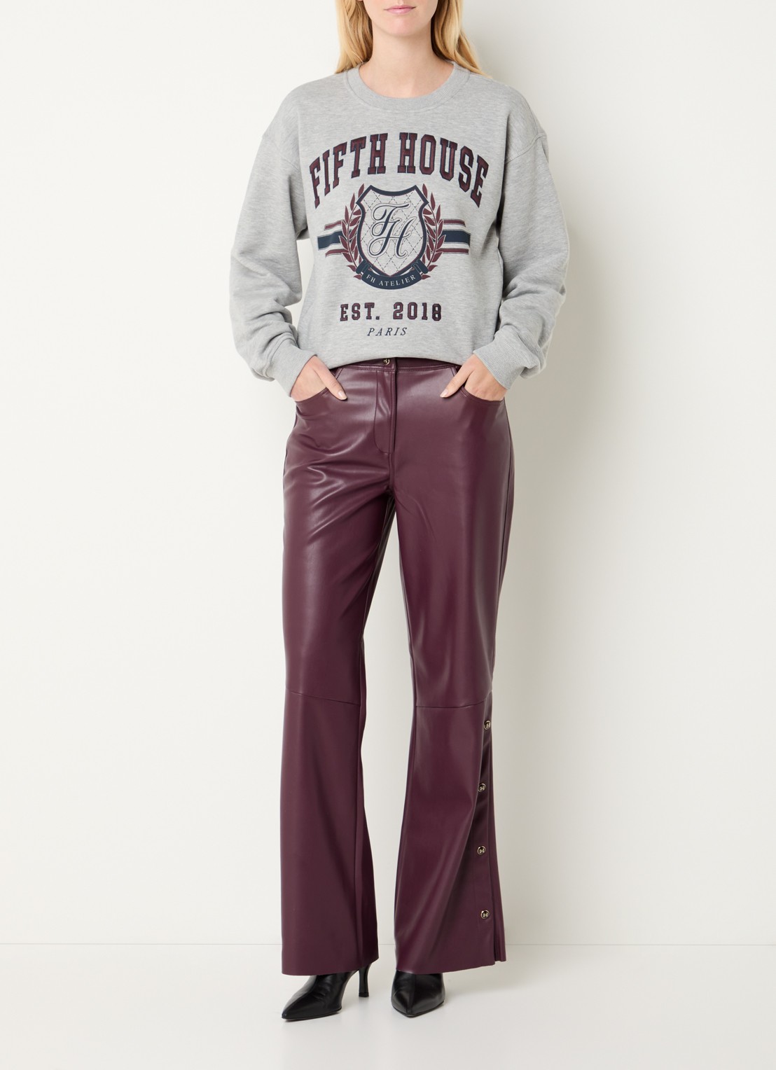 Fifth House Logan sweater met logoprint en gemêleerd dessin - voorkant 4 grijsmele